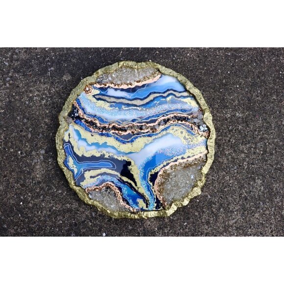 Geode Resin Art 18" Round Piece Quartz Crystals & Large Crystal CZ Stones Unique - Picture 2 of 8